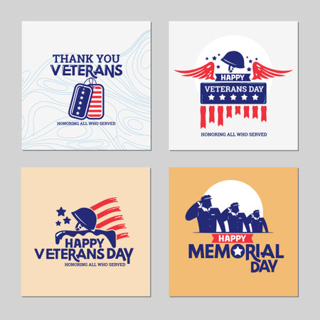 Set of 4 greeting cards for Veterans Day. Vector Illustration.のイラスト素材