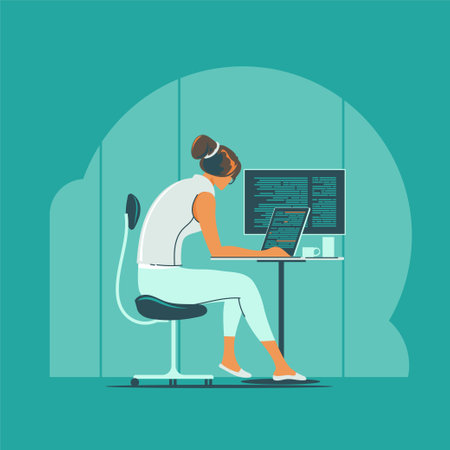 Programmer working at the computer. Vector illustration in flat style.のイラスト素材
