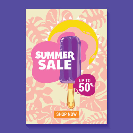 Summer sale banner template with ice cream. Vector illustration in flat styleのイラスト素材