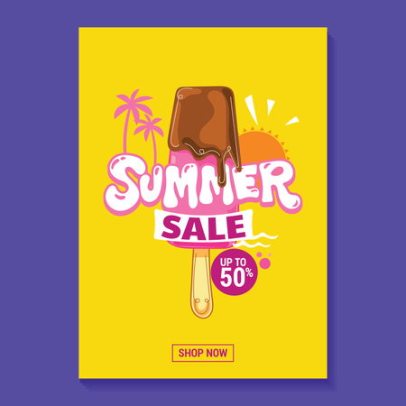 Summer sale poster with ice cream and palm tree. Vector illustration.のイラスト素材