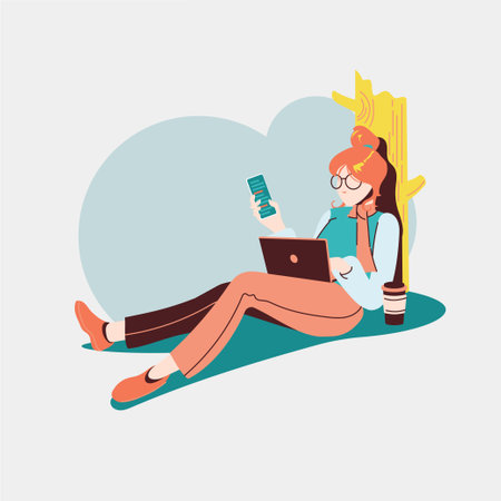 Vector illustration of a girl sitting on the floor with a laptop and a book.のイラスト素材