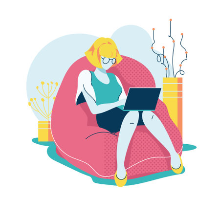 Woman working on laptop sitting in armchair at home. Freelance and remote work concept.のイラスト素材