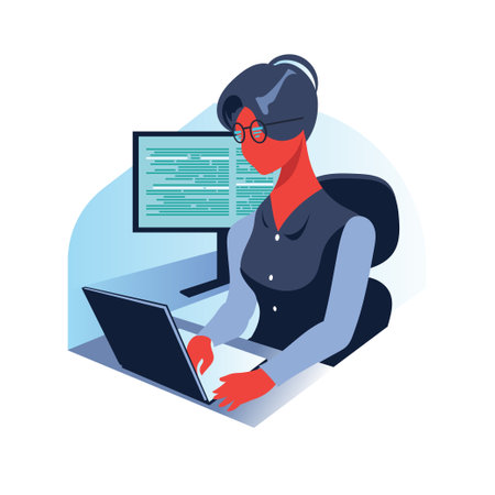 Vector illustration of a female programmer working on a laptop in the office.のイラスト素材