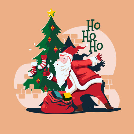 Santa Claus with a bag of gifts near the Christmas tree. Flat style vector illustration.のイラスト素材