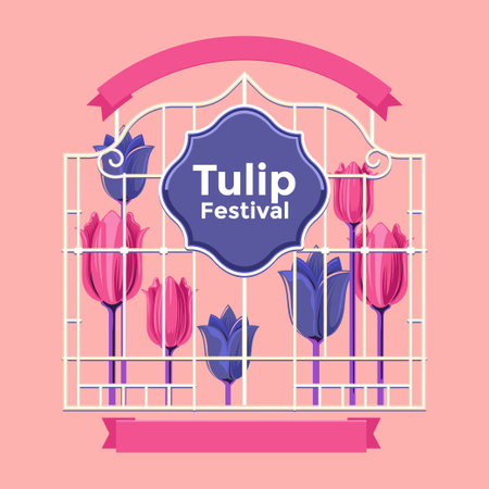 Tulips in a cage. Vector illustration in flat style for Netherlands Tulip Festivalのイラスト素材