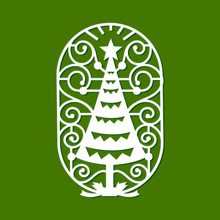 Christmas tree icon. Vector illustration. White outline on green background.のイラスト素材