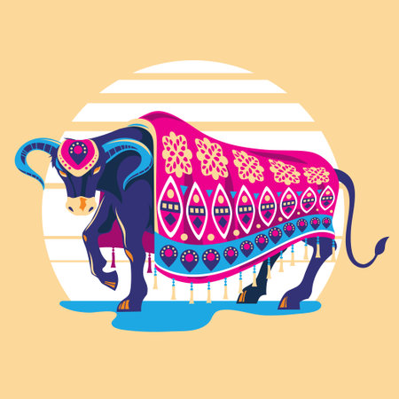 Indian cow decorated with ethnic ornament. Vector illustration in flat style.のイラスト素材