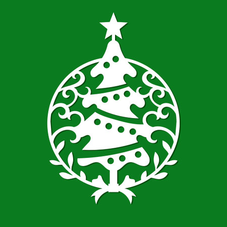 Christmas tree. Vector illustration. White outline on a green background.のイラスト素材