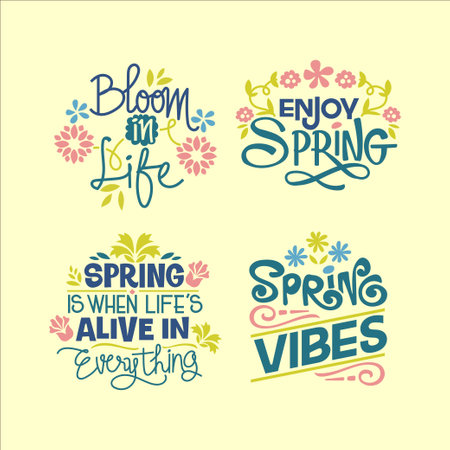 Vector set of spring and summer hand drawn lettering phrases. Calligraphic design elements.のイラスト素材