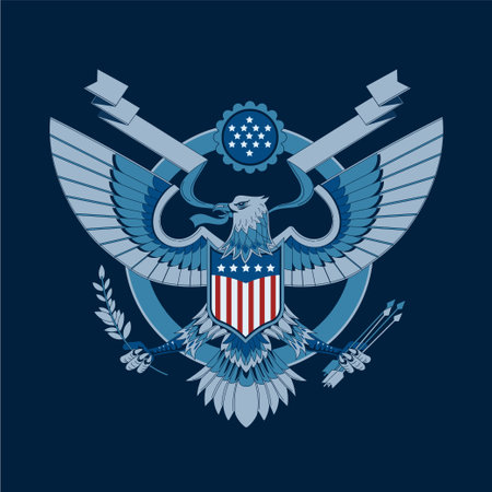 American eagle with american flag and arrows on blue background. Vector illustration.のイラスト素材