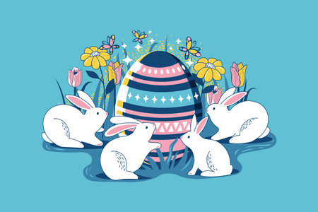 Easter bunnies with eggs over blue background vector illustration graphic designのイラスト素材
