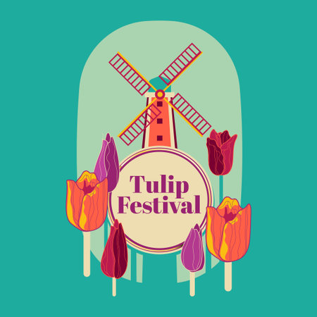 Tulip and windmill. Vector illustration in flat style. for Netherlands Tulip Festivalのイラスト素材