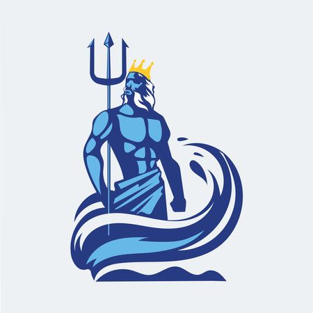 Neptune or Spartan warrior with a trident on the waves. Vector illustrationのイラスト素材