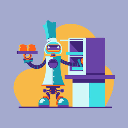 Robot with Oven machine. Vector illustration in flat design style.のイラスト素材