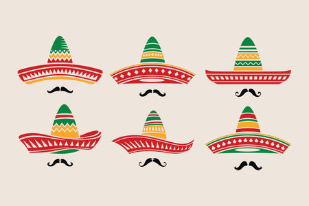 Mexican sombrero hat and mustache set. Vector illustration.のイラスト素材