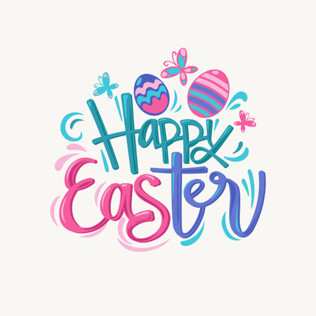 Happy Easter greeting card with lettering. Hand drawn vector illustration.のイラスト素材