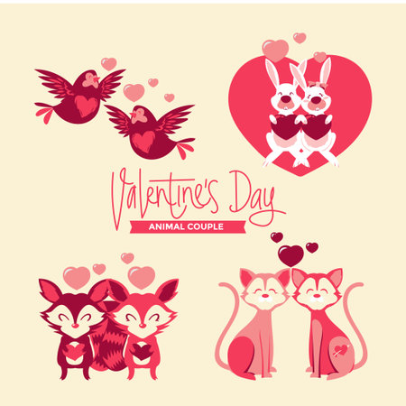 Valentine's day greeting card with cute animals. Vector illustration.のイラスト素材