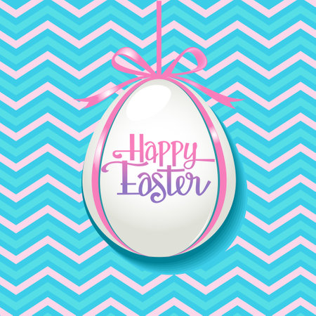 Happy Easter greeting card. White egg with pink ribbon on blue stripes background.のイラスト素材
