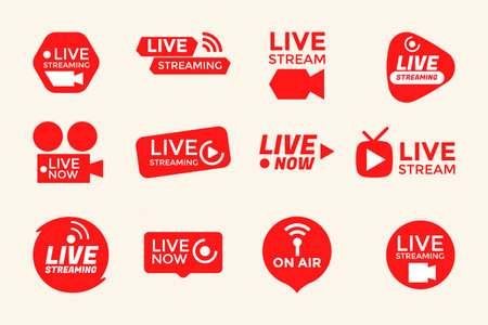 Live streaming icons set. Vector illustration. Red and white colors.のイラスト素材