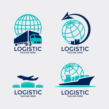Logistics and transportation logistic icons set. Cargo ship, airplane, globe, plane, truck, ship, ship. Vector illustrationのイラスト素材
