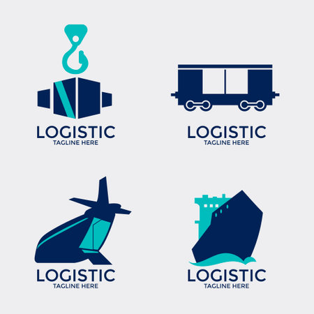 Logo and logistic icon set. Cargo ship, ship, ship, boat, crane, crane, container, cargo ship, ship, ship, shipyard, shipyard. Vector illustrationのイラスト素材