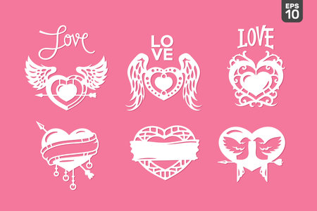 Vector set of heart, wings, ribbon, bow, arrow, valentine's dayのイラスト素材