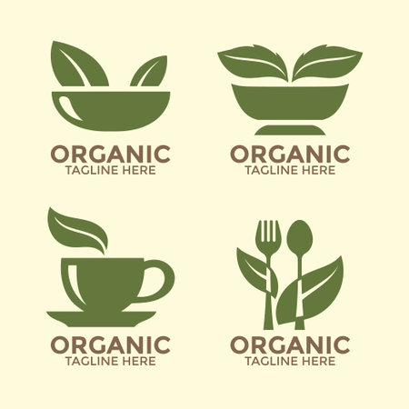 Organic food logo set. Vector illustration. Design elements for restaurant, cafe, packaging.のイラスト素材