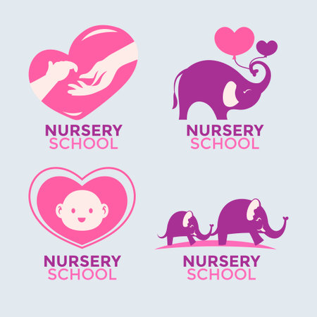 Nursery and baby care logo set with elephant and heart. Vector illustrationのイラスト素材