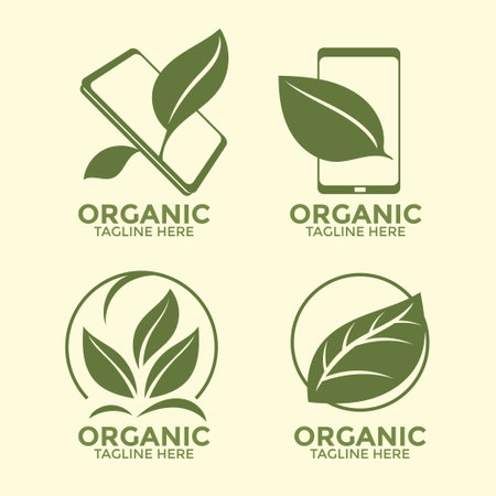 Organic product logo and icon set with green leaf and smartphone vector illustrationのイラスト素材