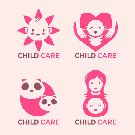 Cute baby and panda logo set. Vector illustration, flat style.のイラスト素材