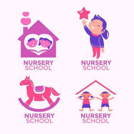 Nursery vector set. Cute baby boy and girl in pink pajamas playing with rocking horse and holding star in their hands.のイラスト素材
