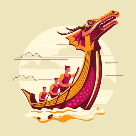 Dragon boat on the river. Vector illustration in flat cartoon style.のイラスト素材