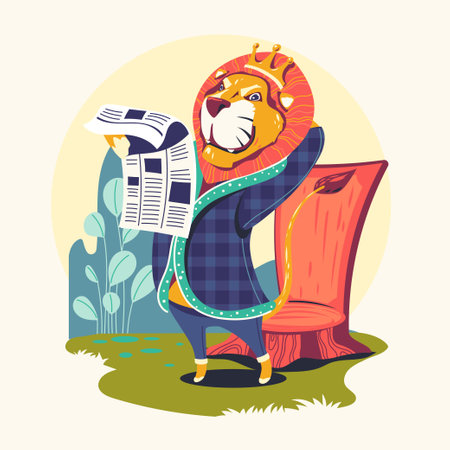 Lion in a checkered coat reading newspaper. Vector illustration.のイラスト素材