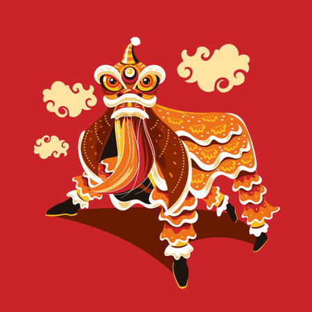 Illustration of a chinese lion dance on a red background.のイラスト素材