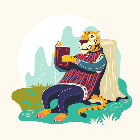 Vector illustration of a tiger reading a book sitting on a stump.のイラスト素材