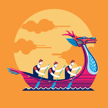 Chinese dragon boat racing. Vector illustration in flat cartoon style on orange background.のイラスト素材