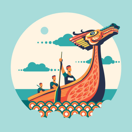 Dragon boat on the sea. Vector illustration in flat cartoon style.のイラスト素材