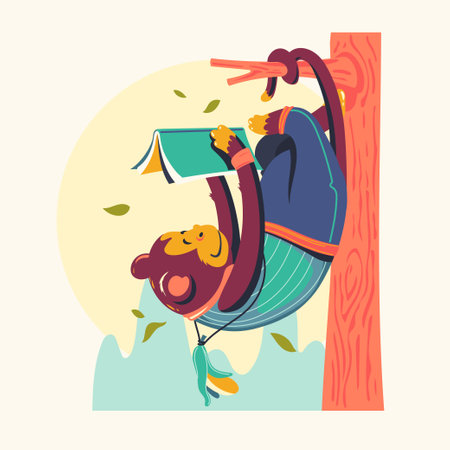 Vector illustration of a funny cartoon man in a hammock hanging on a tree.のイラスト素材