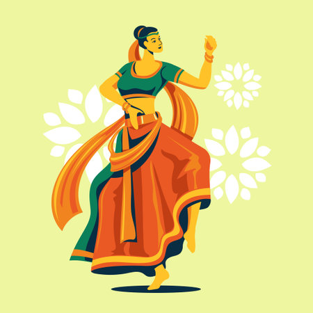 Indian woman dancing in traditional dress. Vector illustration in cartoon style.のイラスト素材