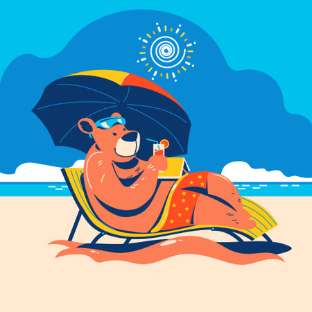 Vector illustration of a bear sunbathing on the beach with a cocktail.のイラスト素材