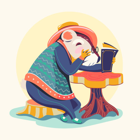 Illustration of a cute man reading a book on a tree stumpのイラスト素材