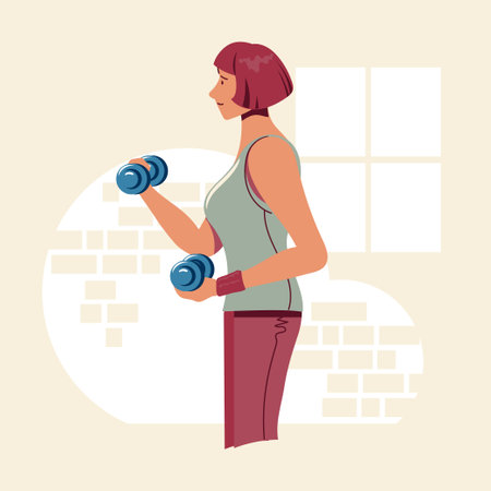 Fitness woman doing exercises with dumbbells. Flat vector illustration.のイラスト素材