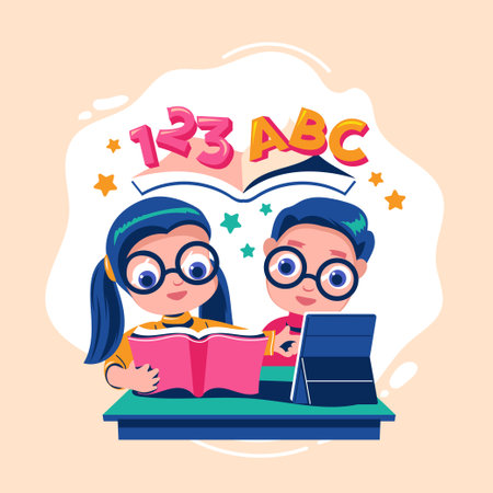 Boy and girl reading a book. Vector illustration in flat style.のイラスト素材