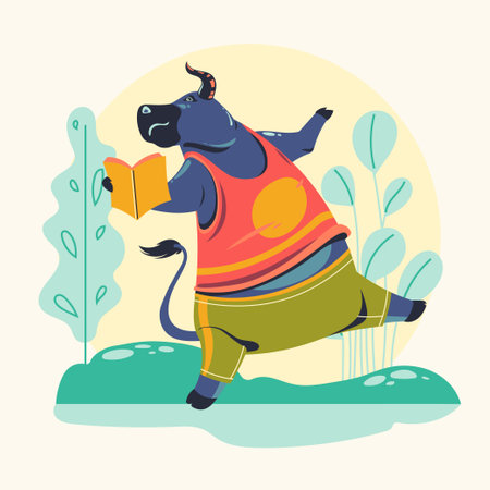 Vector illustration of a bull reading a book in the park. Flat style design.のイラスト素材