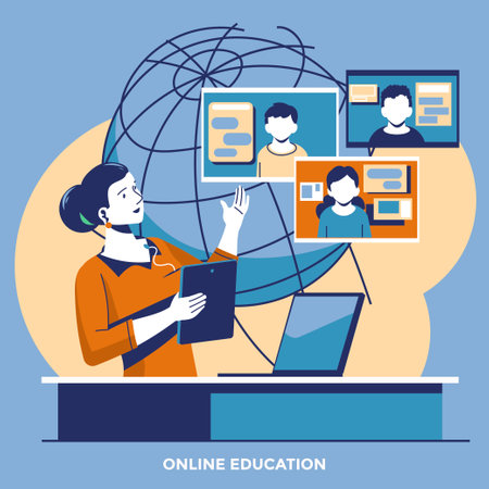 Online education concept in flat design style. Online teacher, webinar, video conference.のイラスト素材