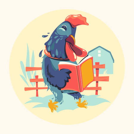 Cute rooster reading a book. Vector illustration in cartoon style.のイラスト素材
