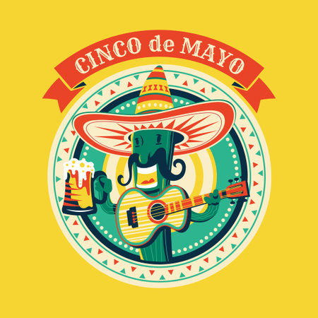 Cinco de Mayo poster with Mexican man in sombrero, guitar and beer vector illustrationのイラスト素材