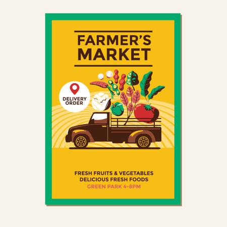 Farmers market poster design template. Retro food truck with vegetables and fruits. Vector illustrationのイラスト素材