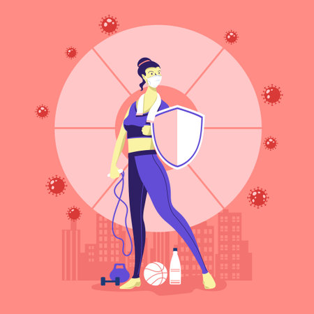 Coronavirus protection concept. Woman in protective mask and gloves disinfects the city. Vector illustrationのイラスト素材
