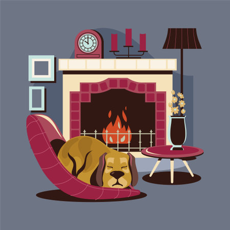 Vector illustration of a dog in the living room with a fireplace.のイラスト素材